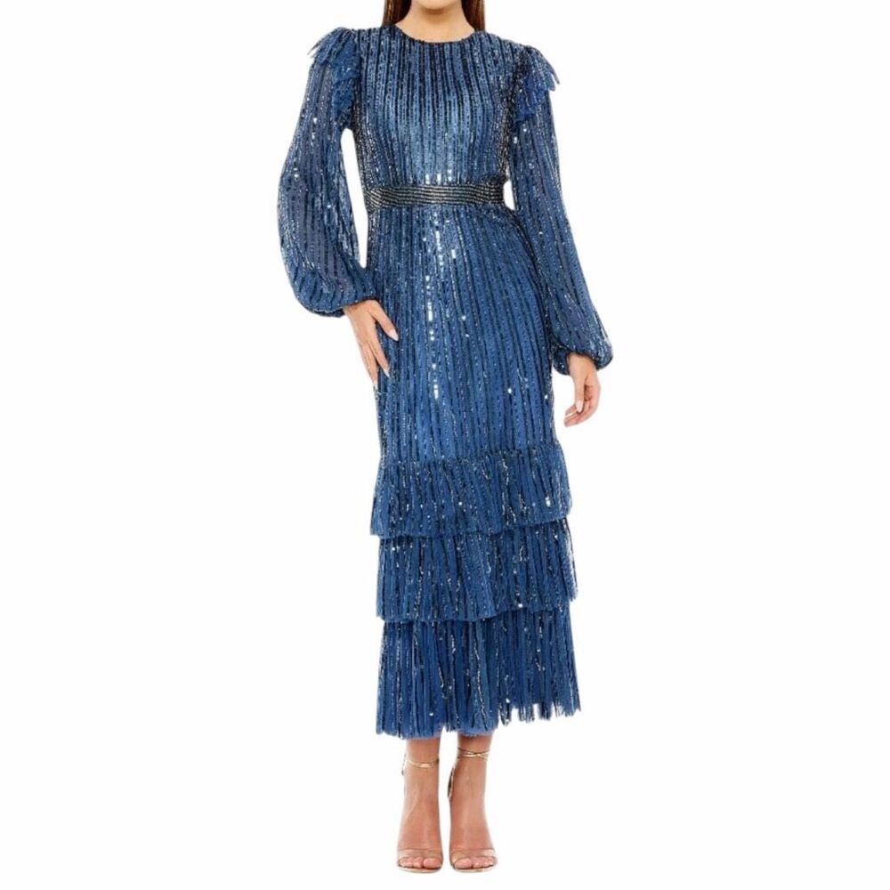 NEW Mac Duggal 23003 Midnight Blue Sequin Ruffle Dress 16